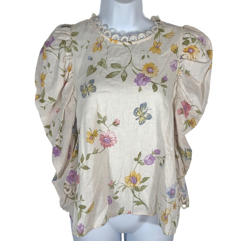 Laura Ashley Womens Cottagecore Prairie Floral Blouse Puff Sleeve Linen Blend M